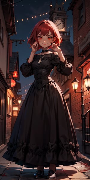 cute, skinny, brown_skin, revealing victorian dress, gothic, dark colors, menacing looking, hand on her face, blood, terror, horror, night, industrial architecture background, victorian architecture background, looking_at_viewer, femme fatal, demi-smile, red_hair, full_body, small_breast, red_eyes, loli, petite, whearing a necklace with a silver compostela cross, short-hair