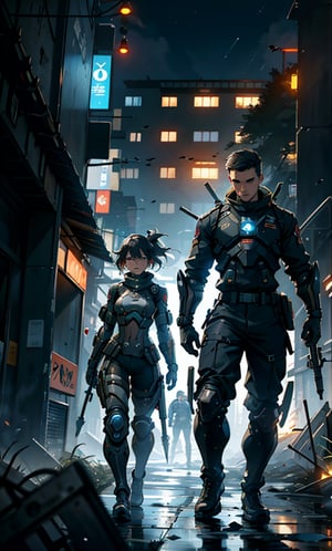 2 persons, male and female, soilders, looking at the ruins of a great futuristic metropoly in the night, both with weapons, sad, crying_with_eyes_open, fire, corpses