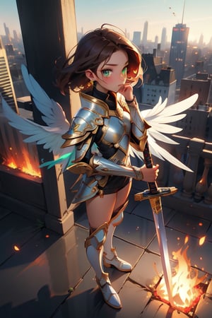 1 girl, angel, white armor, golden details, beautiful, skinny, teen loli, 16 years, sexy, looking_at_viewer, brunette, green_eyes, hand on face, full_body, standing_up, cute, large_wings, upper view, city_background, holding a fire sword