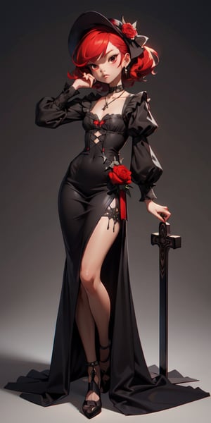 cute, skinny, brown_skin, revealing victorian dress, gothic, dark colors, menacing looking, hand on her face, blood, looking_at_viewer, red_hair, full_body, small_breast, red_eyes, loli, petite, whearing a necklace with a silver compostela cross