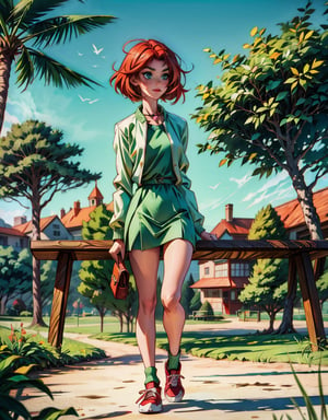 12 years old girl reading a book on a bench, park, green, full_body, dress, skinny, sexy, cute, 3/4 upper angle, green eyes, red_hair, relaxed expression, daydreaming, people walking on the background,fate/stay background,perfecteyes, 8k, full hd, detailed, photograph quality, defined, perfect anatomy