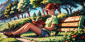 12 years old girl reading a book on a bench, park, green, full_body, dress, skinny, sexy, cute, 3/4 upper angle, green eyes, red_hair, relaxed expression, daydreaming, people walking on the background,fate/stay background,perfecteyes, 8k, full hd, detailed, photograph quality, defined, perfect anatomy