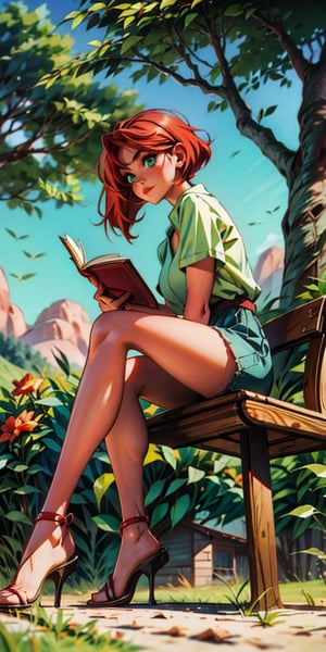 12 years old girl reading a book on a bench, park, green, full_body, dress, skinny, sexy, cute, 3/4 upper angle, green eyes, red_hair, relaxed expression, daydreaming, people walking on the background,fate/stay background,perfecteyes, 8k, full hd, detailed, photograph quality, defined, perfect anatomy