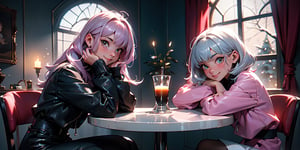 award-winning photograph, Best quality, masterpiece, ultra high res, grainy tri-x pushed to 3200, 2 girls, looking_at_viewer, 2 girls drinking coffee sitted on a table, left girl with silver hair, right girl with pink hair, dark tones, small candle in the center of the table, window showing snow background, smiling