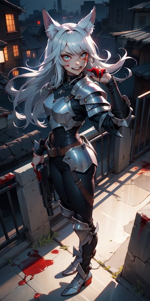 1 girl, lycanthrope, wolf ears, reaveling clothes, short, night, dark, leather armor, gothic, dark silver details, beautiful, skinny, teen loli, 16 years, sexy, looking_at_viewer, long_hair, silver_hair, amber_eyes, hungry for blood expression, full_body, standing_up, cute, upper view, destroyed city_background, holding a gun, menace looking, 8k wallpaper, masterpiece, great definition, detailed face, demi smile showing a canine,blood on her hands, fangs, upper_view, full_body, hand on her face, female_solo