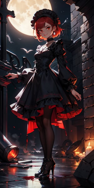 cute, skinny, brown_skin, short revealing victorian dress, gothic, dark colors, menacing looking, liking blood from her finger, blood, terror, horror, night, industrial architecture background, victorian architecture background, looking_at_viewer, femme fatal, demi-smile, red_hair, full_body, small_breast, red_eyes, loli, petite, whearing a necklace with a silver compostela cross, short-hair, moon light,