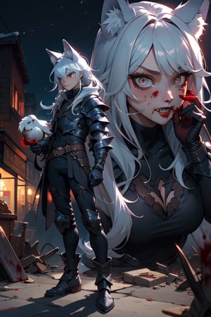 1 girl, lycanthrope, wolf ears, reaveling clothes, short, night, dark, leather armor, gothic, dark silver details, beautiful, skinny, teen loli, 16 years, sexy, looking_at_viewer, long_hair, silver_hair, amber_eyes, hungry for blood, full_body, standing_up, cute, upper view, destroyed city_background, holding a dessert eagle, menace looking, 8k wallpaper, masterpiece, great definition, detailed face, demi smile showing a canine,blood on her hands, fangs, upper_view, full_body