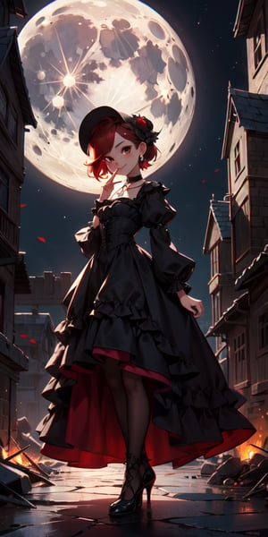 cute, skinny, brown_skin, short revealing victorian dress, gothic, dark colors, menacing looking, finger on her mouth, blood, terror, horror, night, industrial architecture background, victorian architecture background, looking_at_viewer, femme fatal, demi-smile, red_hair, full_body, small_breast, red_eyes, loli, petite, whearing a necklace with a silver compostela cross, short-hair, moon light,