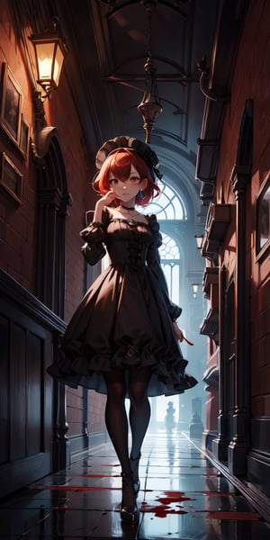 cute, skinny, brown_skin, revealing victorian dress, gothic, dark colors, menacing looking, hand on her face, blood, terror, horror, night, industrial architecture background, victorian architecture background, looking_at_viewer, red_hair, full_body, small_breast, red_eyes, loli, petite, whearing a necklace with a silver compostela cross