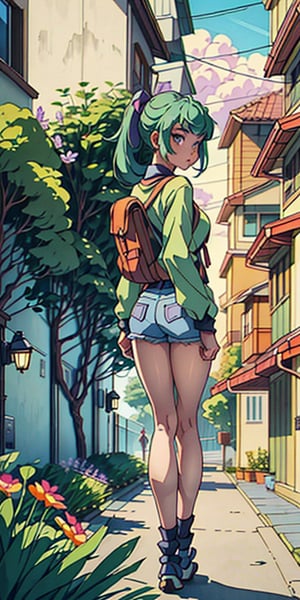 A cute girl walking by through a street with other people with shorts, looking_at_viewer, showing back, green_hair, violet_eyes, teen, skinny, pretty, with a backpack, full_body, one hand on her hair, pony_tail