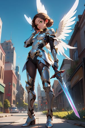 1 girl, angel, white armor, golden details, beautiful, skinny, teen loli, 16 years, sexy, looking_at_viewer, brunette, green_eyes, hand on face, full_body, standing_up, cute, large_wings, upper view, city_background, holding a fire sword, menace looking, 8k wallpaper, masterpiece, great definition