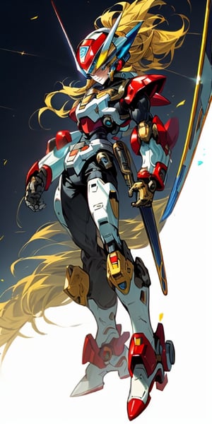 zero from megaman x, man,  red armor, cyborg, laser sable on right hand, blond hair, helmet with a blue emerald, gold details, full_body, 3/4 frontal view, looking_at_viewer