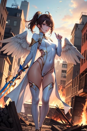 1 girl, angel, white armor, golden details, beautiful, skinny, teen loli, 16 years, sexy, looking_at_viewer, brunette, green_eyes, hand on face, full_body, standing_up, cute, large_wings, upper view, destroyed city_background, holding a fire sword, menace looking, 8k wallpaper, masterpiece, great definition, detailed face