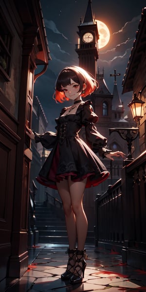 cute, skinny, brown_skin, short revealing victorian dress, gothic, dark colors, menacing looking, liking finger, blood, terror, horror, night, industrial architecture background, victorian architecture background, looking_at_viewer, femme fatal, demi-smile, red_hair, full_body, small_breast, red_eyes, loli, petite, whearing a necklace with a silver compostela cross, short-hair