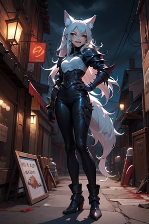 1 girl, lycanthrope, wolf ears, reaveling clothes, short, night, dark, leather armor, gothic, dark silver details, beautiful, skinny, teen loli, 16 years, sexy, looking_at_viewer, long_hair, silver_hair, white_eyes, hand on face, full_body, standing_up, cute, upper view, destroyed city_background, holding a dessert eagle, menace looking, 8k wallpaper, masterpiece, great definition, detailed face, demi smile howing a canine,blood on her hands, fangs