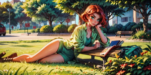 12 years old girl reading a book on a bench, park, green, a hand on her hair, full_body, dress, skinny, sexy, cute, 3/4 upper angle, green eyes, red_hair, relaxed expression, daydreaming, people walking on the background,fate/stay background,perfecteyes, 8k, full hd, detailed, photograph quality, defined, perfect anatomy