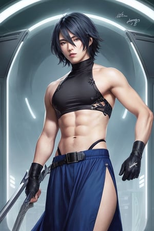 ((best quality)), ((masterpiece)), (detailed),(high-resolution:1.2), Male anime character, with long staight dark blue hair, blue  eyes, dark blue avant garde long skirt, halter top, bishonen, yaoi, fantasy, vector art, flat design, Ultra high details, triad colors, in the style of Dawnbringer Yone from league of legends, Character is standing in a dynamic pose, (perfect male body, skindentation), avant garde fashion room, processional lighting, (retro futuristic:1.4), (crt monitors), old tech