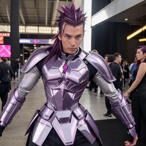 masterpiece, best quality, 8k, photo of Sephiroth (man wear cropt top magenta silver chrome mecha armor:1.2) and final fantasy style, strong body, toned muscles, (Classic mohawk hair:1.3), detailed skin texture, BREAK, posing for a picture at comic-con, (crowds:0.5), photorealistic, highly detailed, windblow, defocus photo, sharp background, real life lighting, highlights, bright instagram LUT