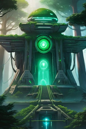 Ancient alien Temple, voltron, altean, organic but furutistic, covered in trees, glowing cables and tech.