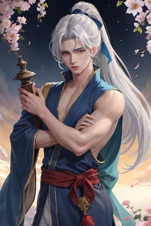 ((best quality)), ((masterpiece)), (detailed),(high-resolution:1.2), ((2 Asian Males)) anime character, one with long white  hair, the other with a white long ponytail, symmetric beautiful sweet blue eyes, (dark blue horns) dark blue pearl and lilac long kimono shirtless, bishonen, yaoi, fantasy, Ultra high details, triad colors, in the style of Spirit Blossom Yone and Spirit Blossom Yasuo from league of legends, Characters are ((hugging)), (perfect male body, skindentation), asian garden, spirit blossom flowers 