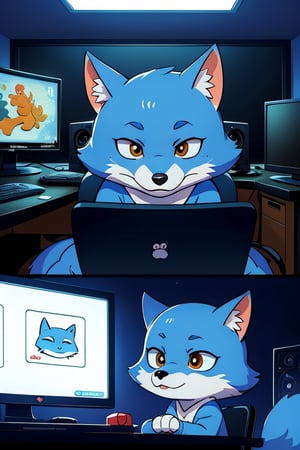(masterpiece:1.5), (best quality:1.5), cute little blue fox with an ironic face, animal, dark computer room, light screens all around, 