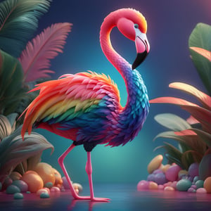 (full body) cute rainbow flamingo sharp eyes, extremely detailed, intricate details, muted color scheme, subtle gradients, photorealistic, 8k, 3d style,gabumon