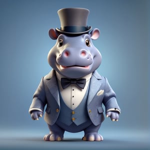 (full body) cute hippo in suit and top hat, sharp eyes, extremely detailed, intricate details, muted color scheme, subtle gradients, photorealistic, 8k, 3d style,gabumon