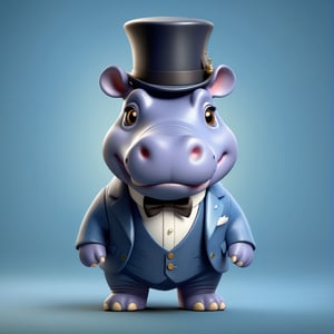 (full body) cute hippo in suit and top hat, sharp eyes, extremely detailed, intricate details, muted color scheme, subtle gradients, photorealistic, 8k, 3d style,gabumon