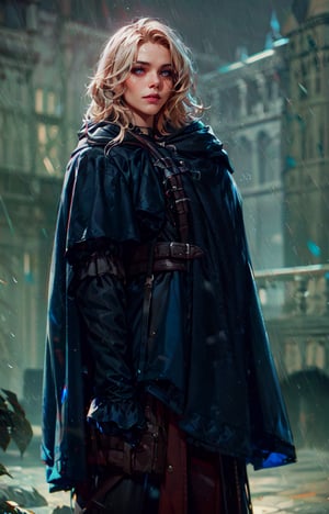 1girl, black hood, pauldrons, medieval black raincoat, corset, chromatic aberration, particles, dark atmosphere, realistic, blurry background, volumetric lighting, standing, portrait, looking at camera ,perfecteyes