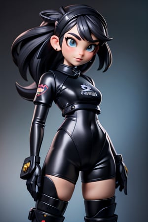 3dmm style, (masterpiece, best quality), intricate details, 1girl, solo, bea \(pokemon\), print shirt, tied shirt, black police suit, bodysuit under clothes, single glove, print shorts, knee pads, barefoot, cowboy shot, looking at viewer 