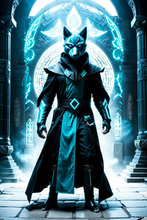 Fullbody shot, Man in black robe, blue fox mask, in the style of dark gray and dark cyan, rtx on, hero pose, eletric color scheme, temple-inspired, cinematic, 8k, more detail XL,more detail XL