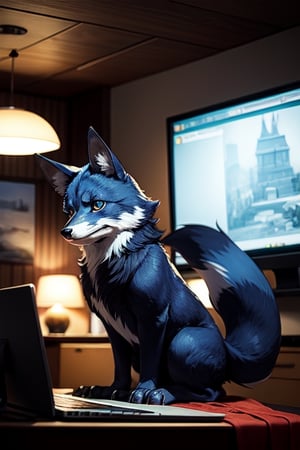 (masterpiece:1.5), (best quality:1.5), cute blue fox, animal, computer room, Comic Art Style