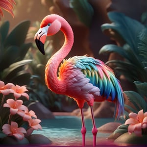 (full body) cute rainbow flamingo sharp eyes, extremely detailed, intricate details, muted color scheme, subtle gradients, photorealistic, 8k, 3d style,gabumon