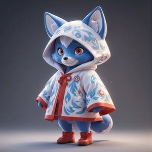 (full body) Mascot cute cuddly blue Fox, looking at camera, wearing a full red robe printed with white flame pattern, big red eyes, extremely detailed, intricate details, muted color scheme, subtle gradients, photorealistic, 8k, 3d style,3d style