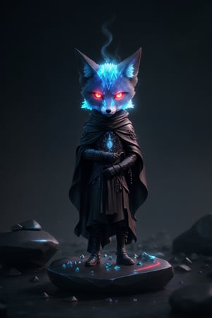 (full body) zhibi, chibi, animal wavie Wraith, small wavie Wraith, male blue fox in a black cloak, meditating above an stone altar with crystals, big red eyes, extremely detailed, intricate details, muted color scheme, subtle gradients, photorealistic, 8k, 3d style, 3d style, 3d toon style,