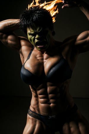 Anger hulk, big muscle:1.3, wearing bra, have a boobs, look at viewer, standing on fire, 8k uhd, high_resolution,perfecteyes, jumping pose