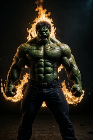 Anger hulk, big muscle:1.3, look at viewer, standing on fire, 8k uhd, high_resolution,perfecteyes