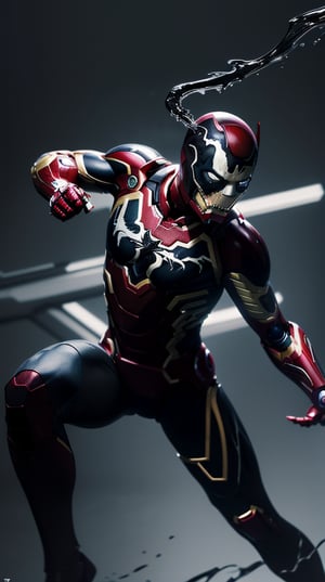 Tony Stark Ironman become black venom, high_resolution, realistic, potret-high res, (balck venom liquid 1.2), fight pose.