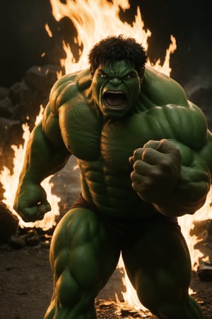 Anger hulk, big muscle:1.3, look at viewer, standing on fire, 8k uhd, high_resolution
