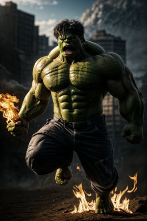 Anger hulk, big muscle:1.3, look at viewer, standing on fire, 8k uhd, high_resolution,perfecteyes, jumping pose