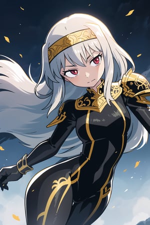 1girl, white long hair, glowing Red eyes, detailed eyes, knight armor, body suit, dynamic lighting, intense shadows, under glow, gray sky, swirling clouds, best quality, masterpiece, cowboy shot, low angle, (,anime style illustration), ((wears an ornate gold headband)), 