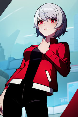 benuaf, 1girl, white hair, black pants, red jacket, red eyes, tomboy, short hair, medium tits, upper body, open jacket,