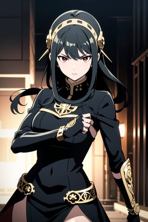 perfect body, detailed eyes, kamen Raider armor, detailed armor, intense stare, dynamic lighting, intense, low light, best quality, masterpiece, cowboy shot, upper body, 1girl, solo, breasts,wide hips, thighs, fringe, henshin pose, (extremely detailed artwork), ((black hair)), ((pretty red eyes)), ((long black hair)), ((wearing a ornate gold headgear)), kamen Rider driver, fighting stance, single mechanical arm, Yor Forger