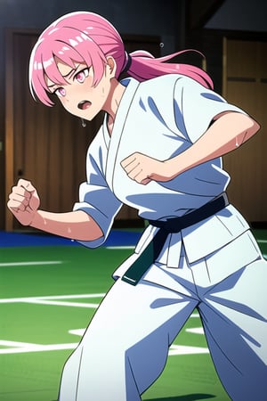 1girl, solo,  (open mouth, Shiny skin), ((judo outfits)), 🥋, seoinage, practice judo, judo, dojo, play, dynamic angle, dynamic pose, sweat, sparkling, action_lines, motion_blur, pink eyes, Green hair, long hair, ponytail, Shiny skin, tan, tanlines,  fighting stance,