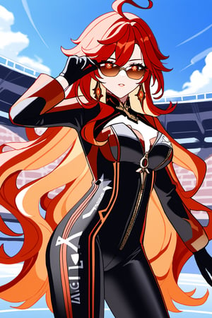 1girl, masterpiece, cowboy shot, sky, blue sky, colosseum, audience, Mavuika, long hair, very long hair, two-toned hair, red hair, orange hair, wavy hair, orange eyes, symbol-shaped pupils, ahoge, bikesuit, zipper, cleavage, black gloves, earrings, bodysuit, sunglasses,Mavuika, long hair, very long hair, two-toned hair, red hair, orange hair, wavy hair, orange eyes, symbol-shaped pupils, ahoge, bikesuit, zipper, cleavage, black gloves, earrings, sunglasses,Mavuika(Genshin Impact), 1girl, multicolor hair, red hair, long hair, two-tone hair, orange eyes, orange pupil, two-tone eyes, symbol-shaped eyes, brown-tinted eyewear, earings, biker clothes, bikesuit, black bikesuit, black gloves, big breast, two-handed sword,