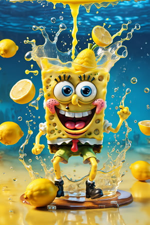 a visually stunning advertisement featuring a cute Spongebob, and is the charismatic spokesperson for a yellow lemon drink. It uses photo manipulation techniques to seamlessly blend the essence of lemon juice with the drink's bright lemony hues. Includes amazing details like splashes of lemon juice and water and succulent lemon fruit slices to make the image very eye-catching and irresistible, with ice