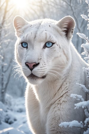 photo of a realistic white panther with detailed fur, with ice blue eyes, in a fantastic winter scene, realistic environment with sun reflections and shadows, very high quality cinematographic scenography, breathtaking scene of a great masterpiece, crazy 8k graphics, everything wonderful and detailed photorealistic, kitakoumae