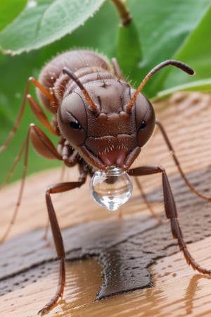 close up of a thisty ant drinking water