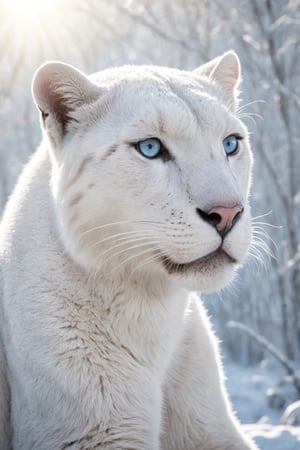 photo of a realistic White panther with detailed fur, with ice blue eyes, in a fantastic winter scene, realistic environment with sun reflections and shadows, very high quality cinematographic scenography, breathtaking scene of a great masterpiece, crazy 8k graphics, everything wonderful and detailed photorealistic, kitakoumae
