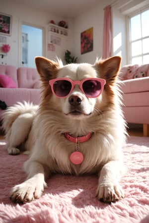 soft and hairy dog ​​lying down, Fendy designer clothing with pink accessories, fashion glasses, well-decorated colorful apartment, realistic environment with sun reflections and shadows, very high quality cinematographic scenography, breathtaking scene of a great masterpiece, crazy 8k graphics, everything wonderful and detailed photorealistic, kitakoumae
